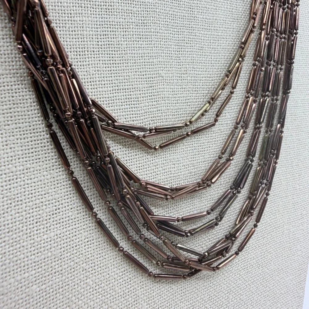 Bronze Tone Bugle Bead Multi Strand Necklace Layered Boho Statement Jewelry